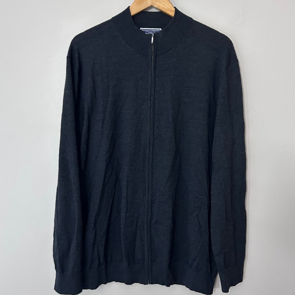 Charles Tyrwhitt Sweater Mens XXL Dark Gray Merino Wool Full Zip Mock Neck